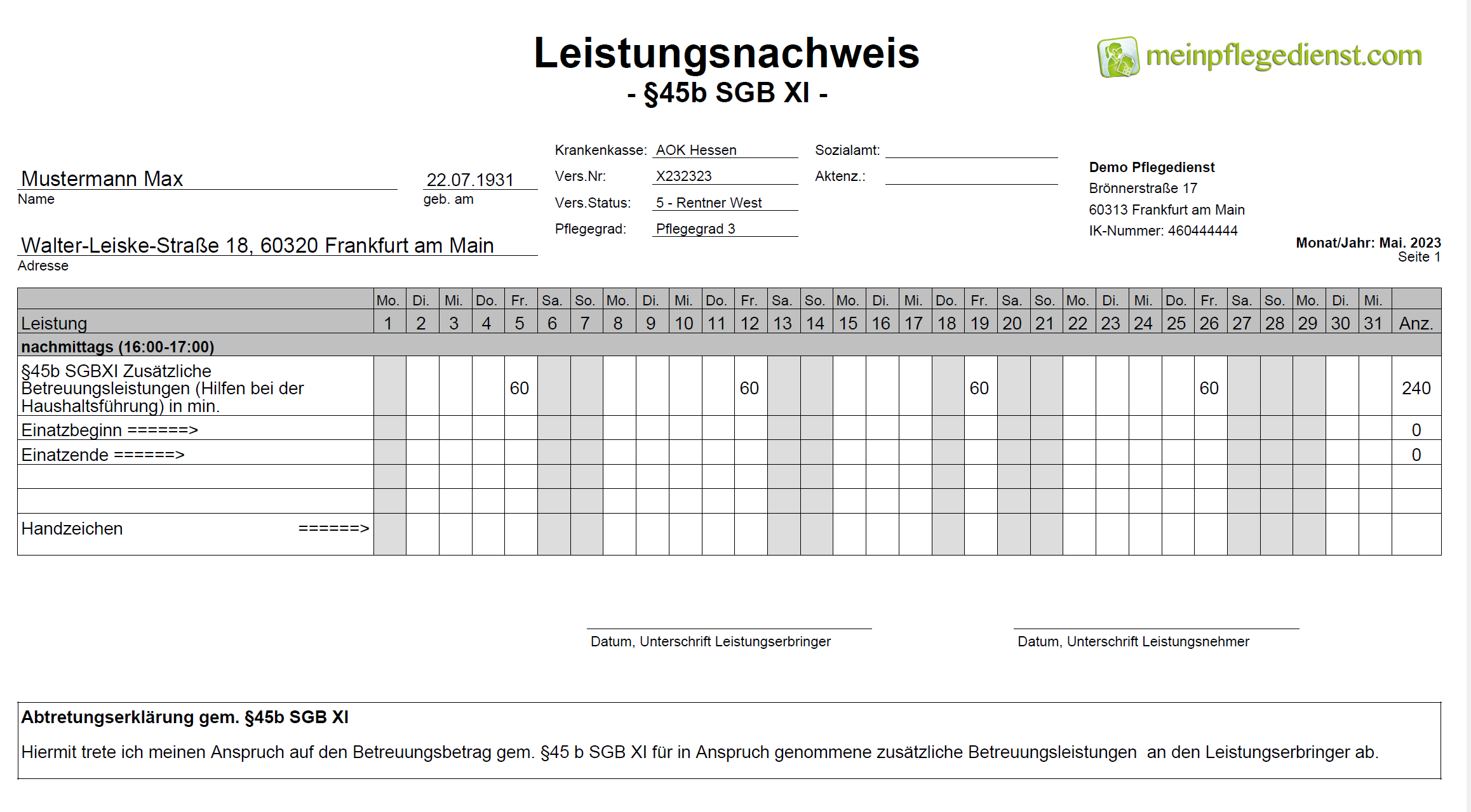 Abtretungserklärung $45b SGB XI