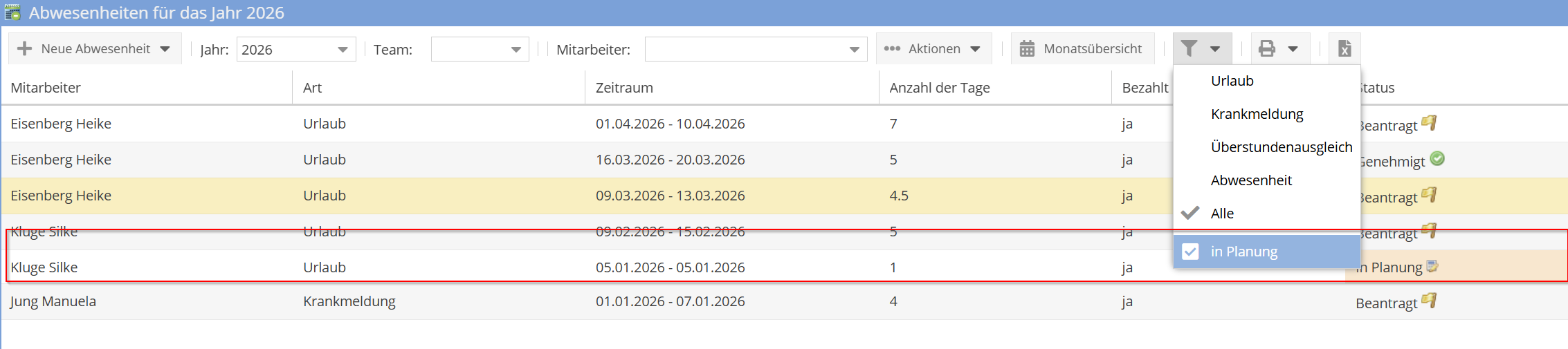 Abwesenheiten Filter