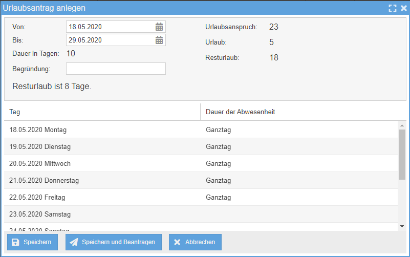 Urlaubsantrag anlegen