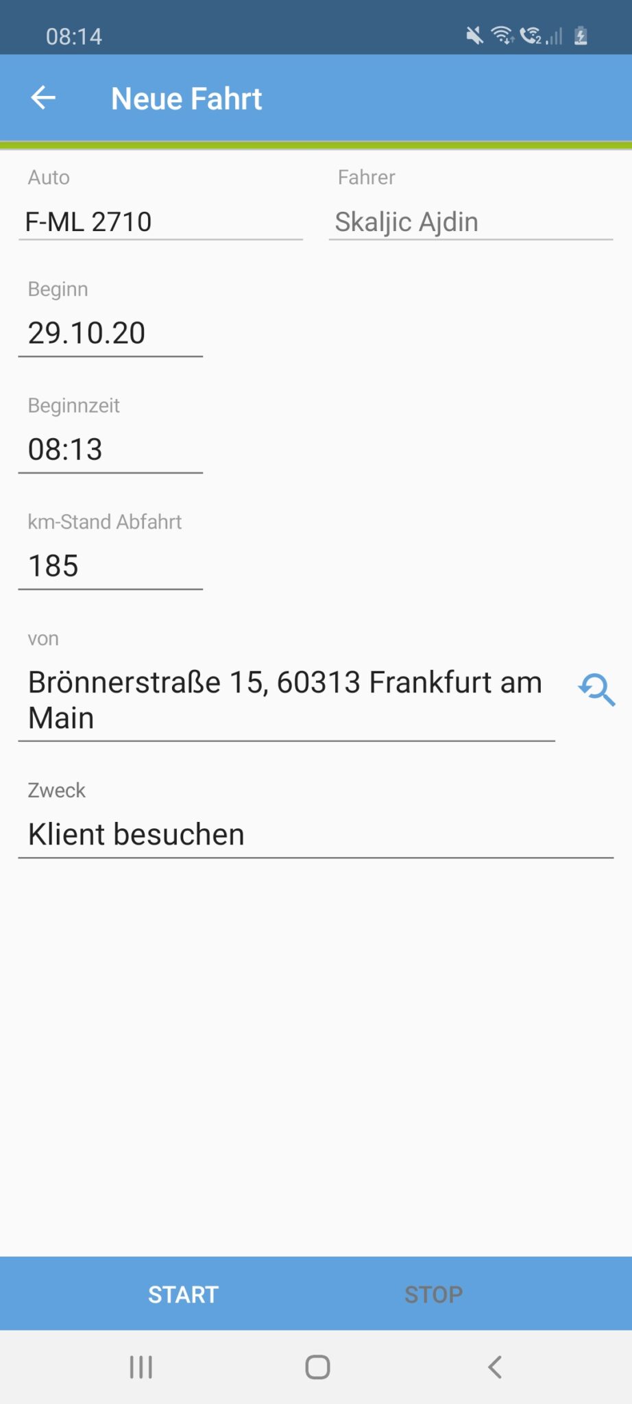 App Fahrten Beginn