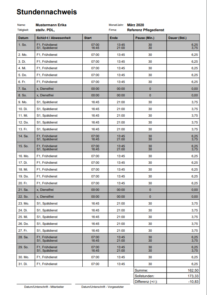 Ausdruck Stundennachweis
