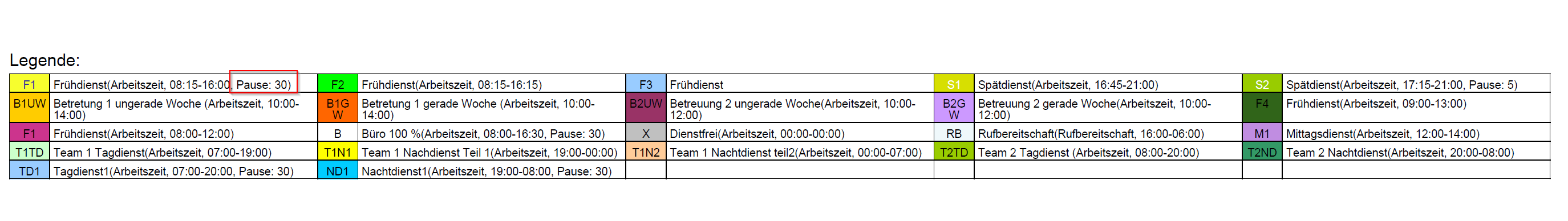 Dienstplan - Legende