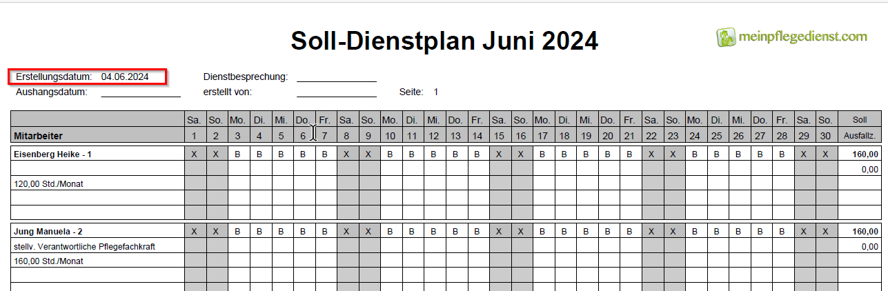 Dienstplan Erstellungsdatum