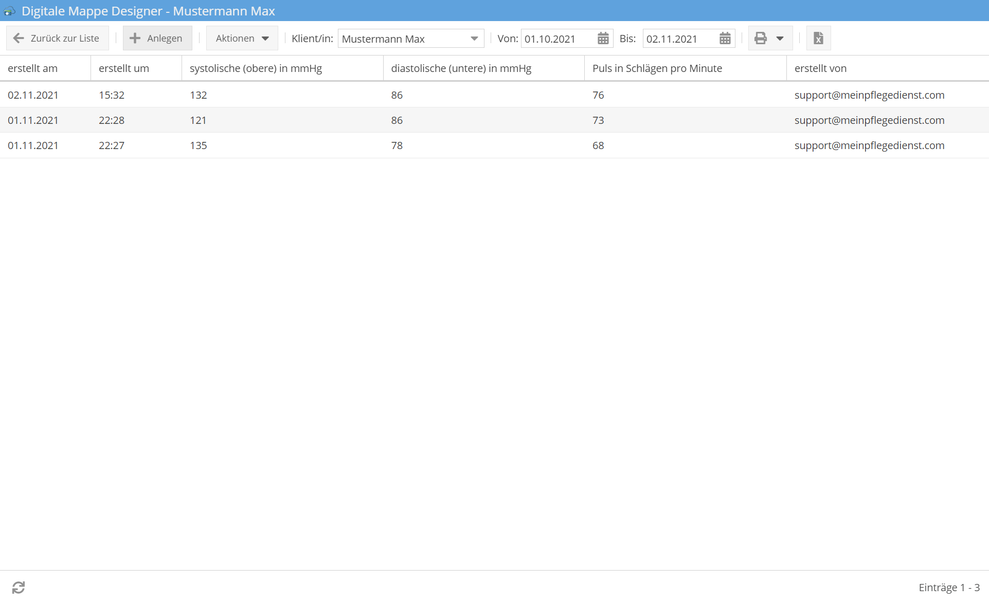 Digimappe Einträge Tabelle
