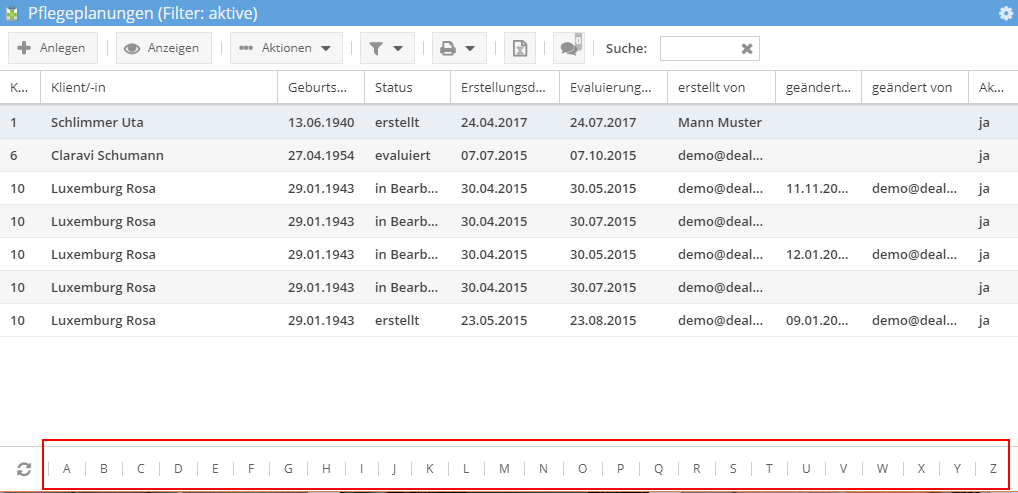 Filter nach dem Alphabet