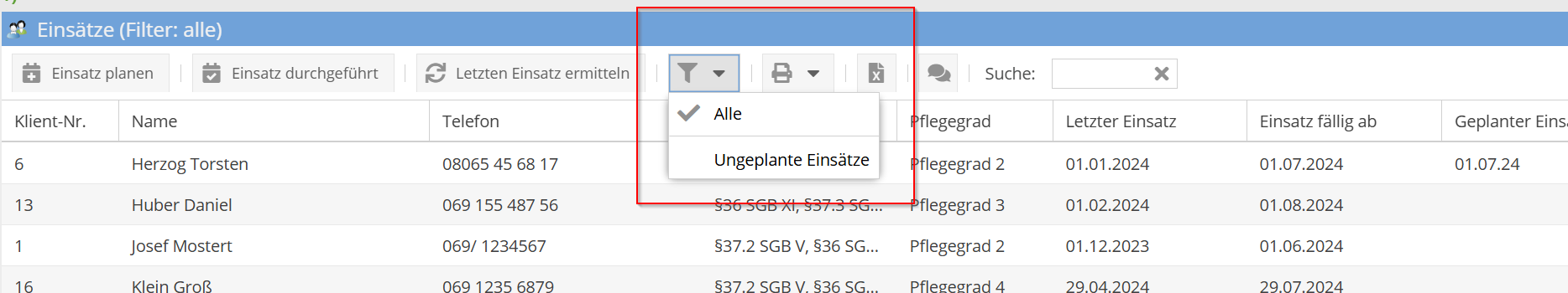 Filter für die Klienten nach §37.3 SGB XI