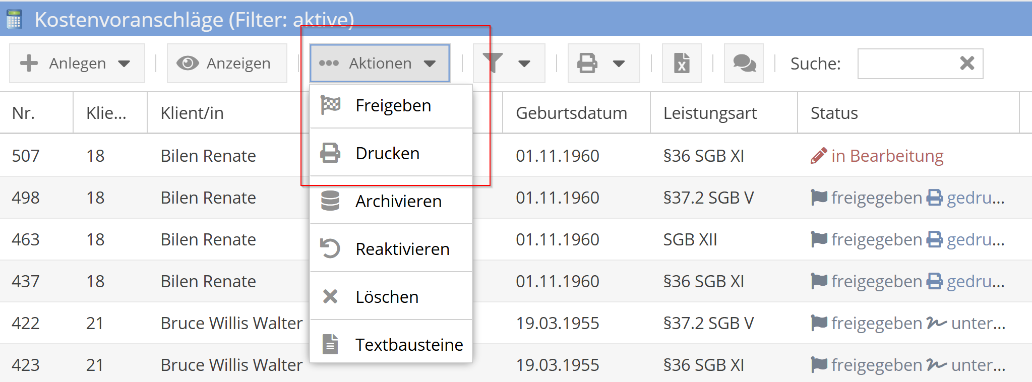 Kostenvoranschlag Aktionen