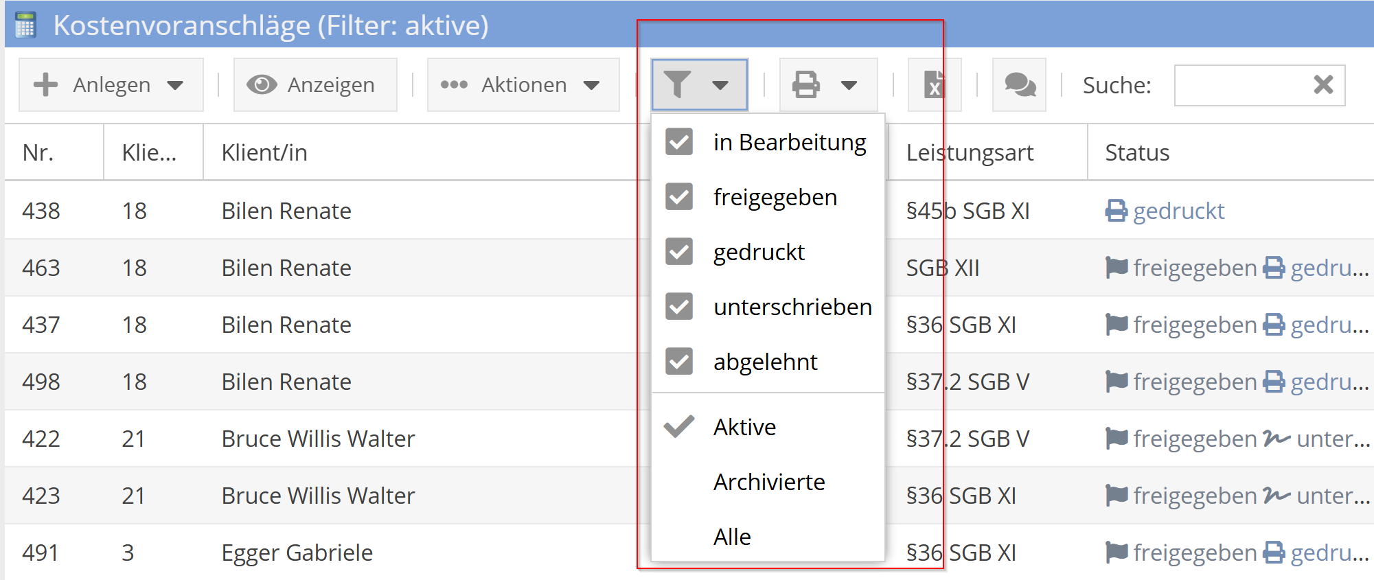 Kostenvoranschlag filtern