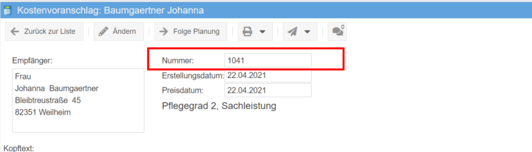 Kostenvoranschlag Nummer