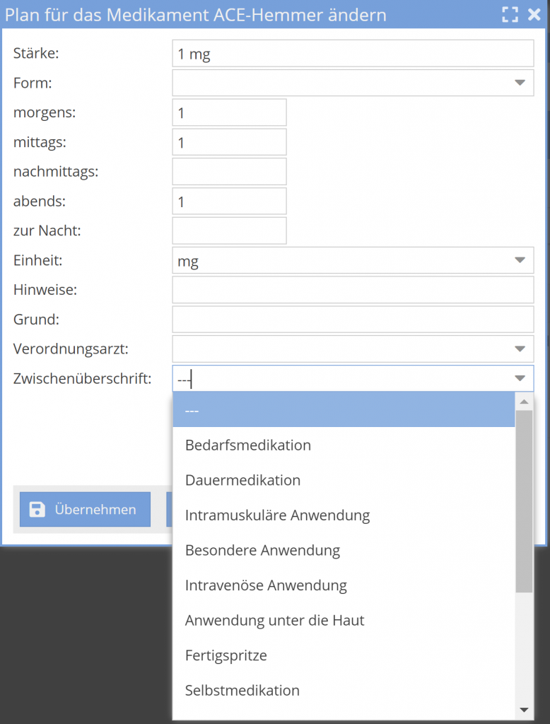 Medikationsplan Details Eingabe