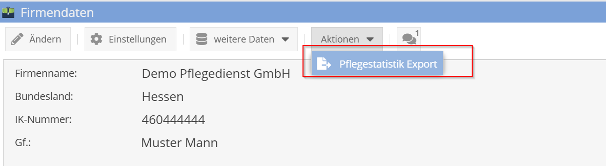 Pflegestatistik Export-Dialog