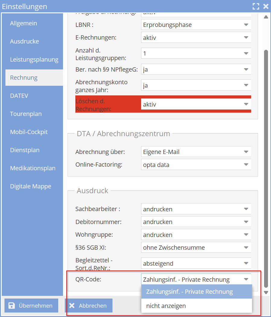 Einstellung QR-Code Privatrechnungen
