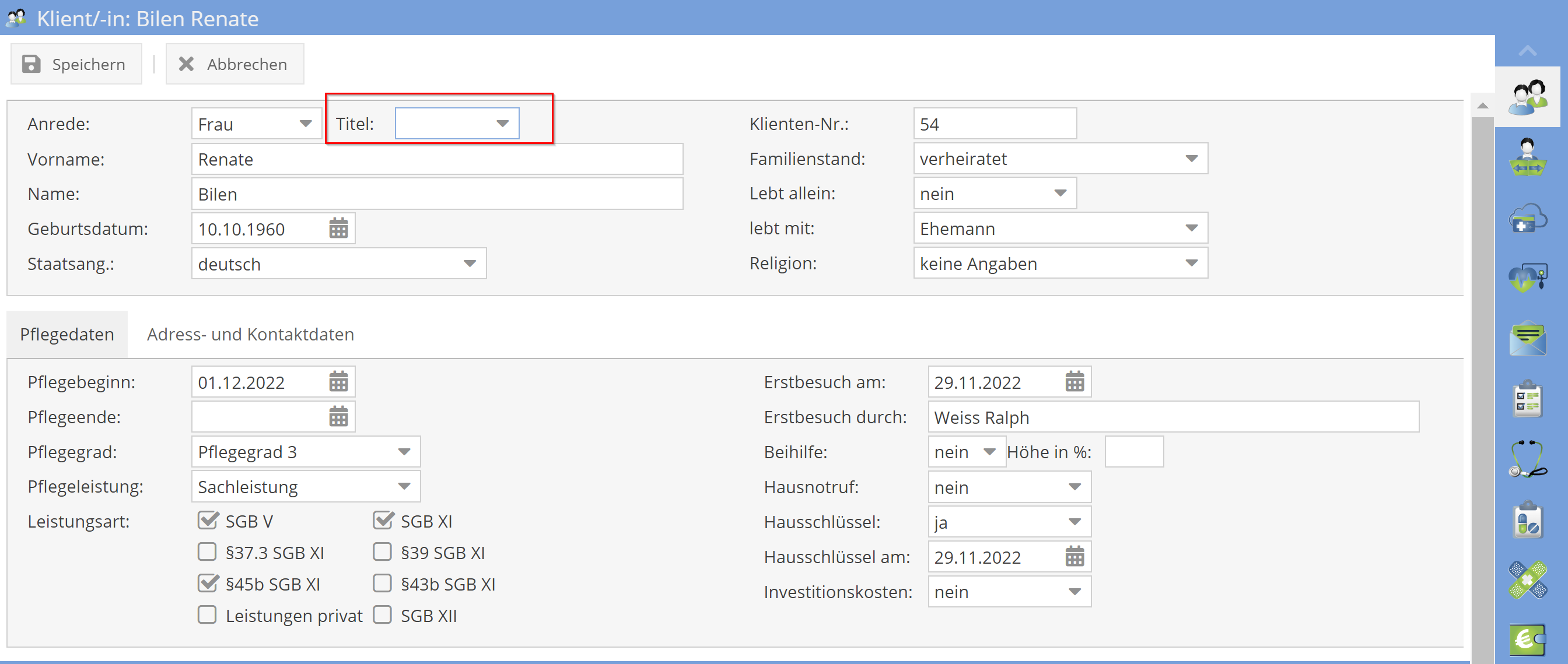 Stammdaten des Klienten