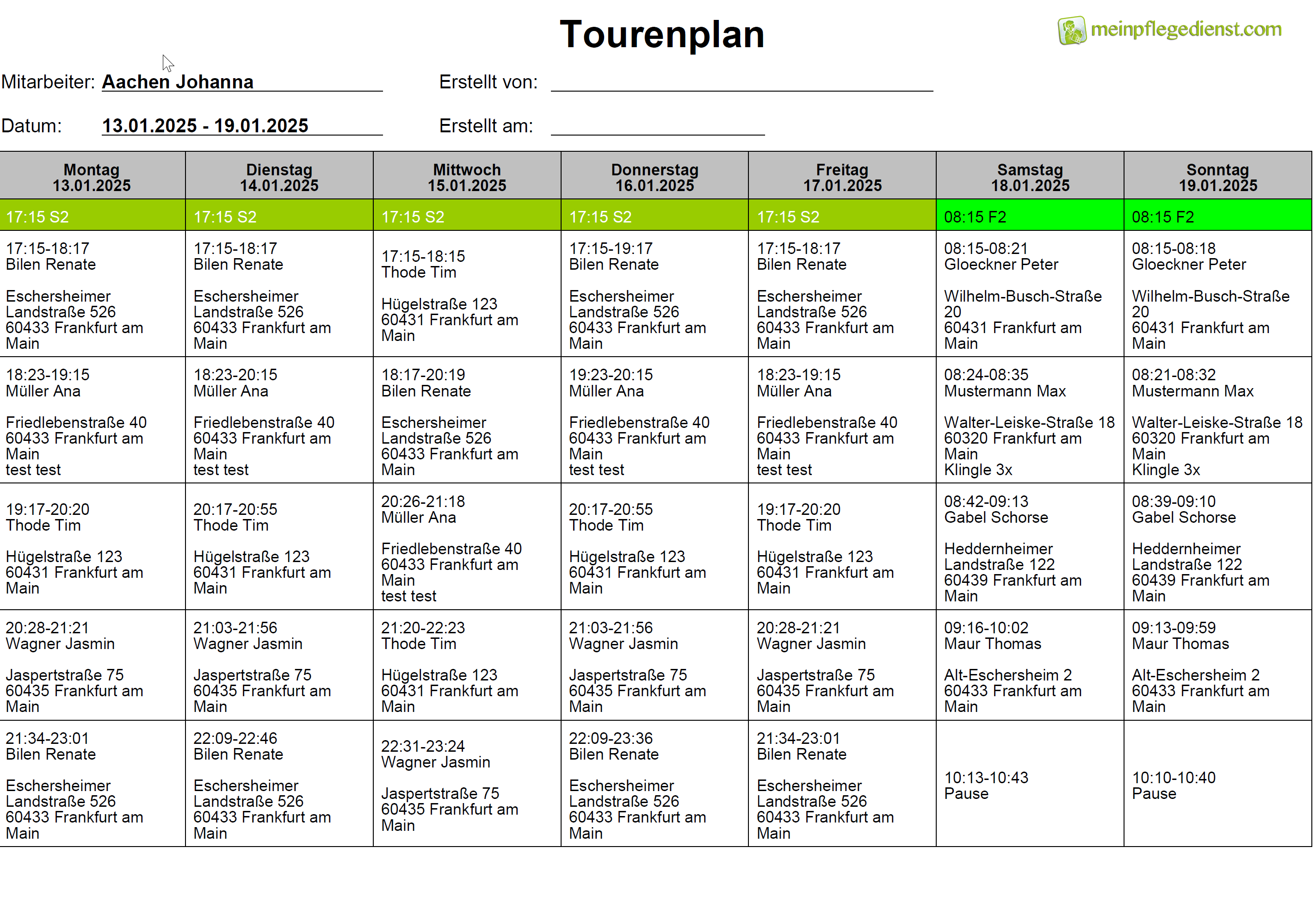 Tourenplan mit Adressen
