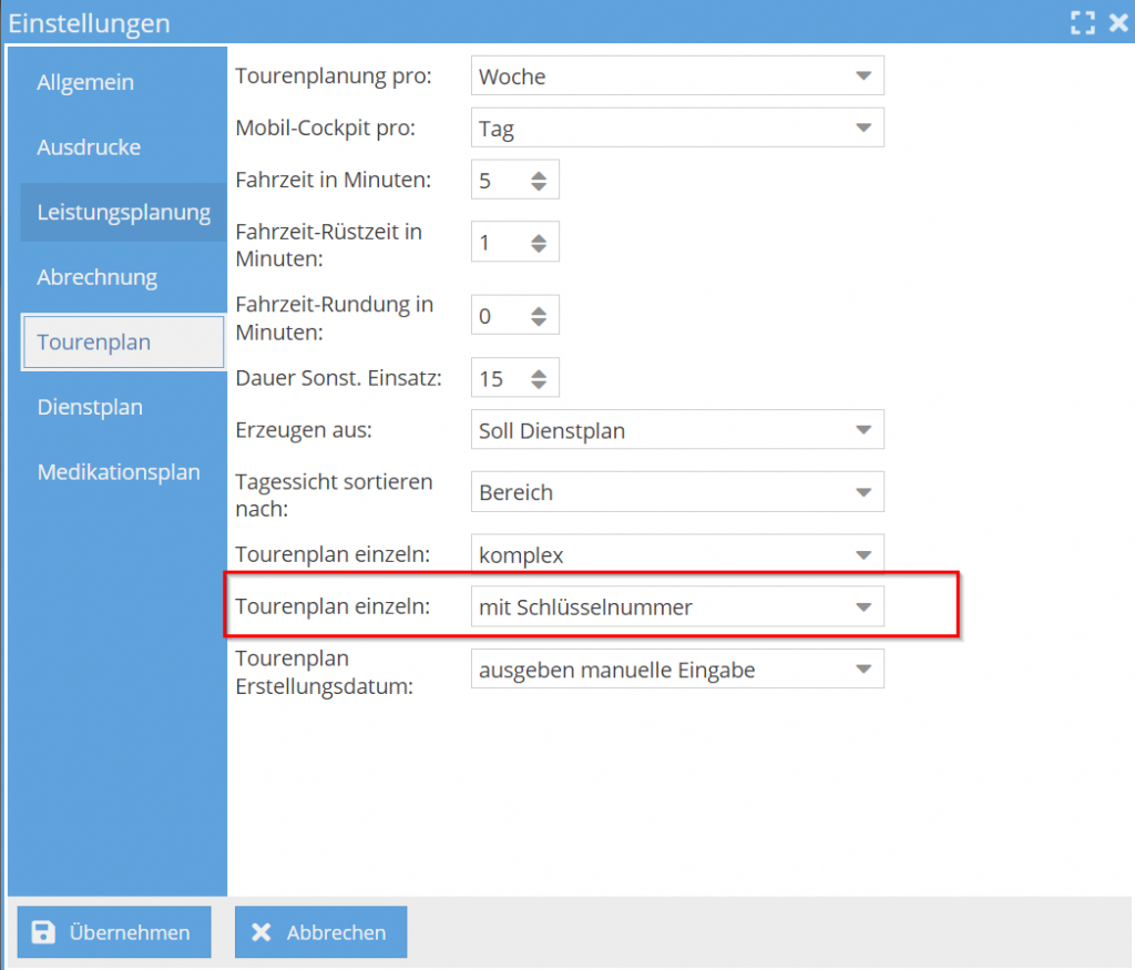 Tourenplan Schlüsselnummer