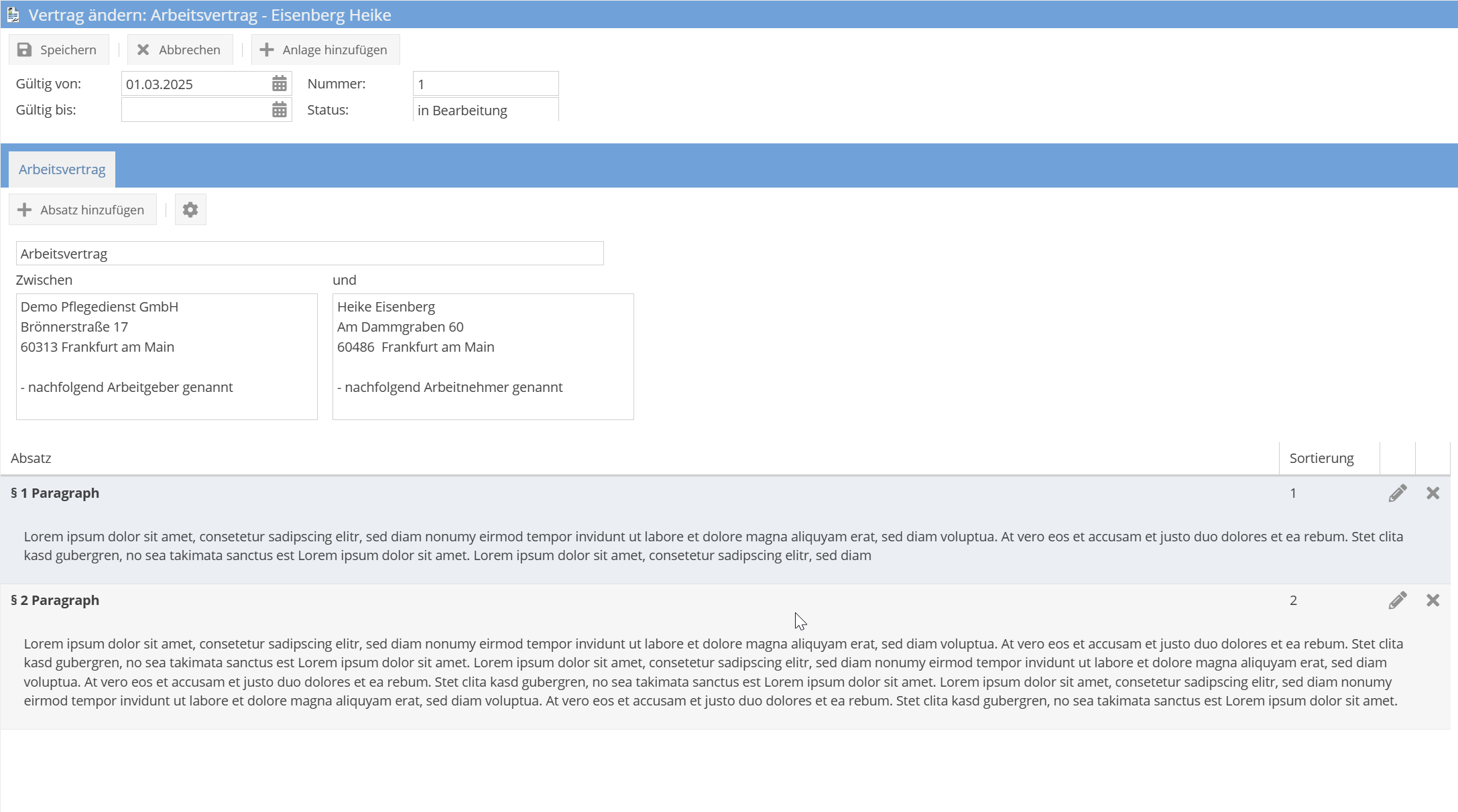 Anlegen eines Vertrages