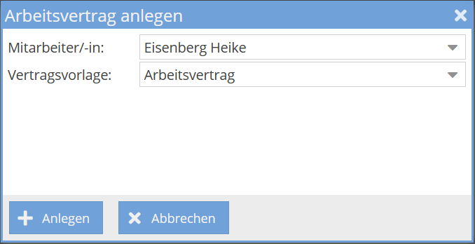 Anlegen eines Vertrages - Popup