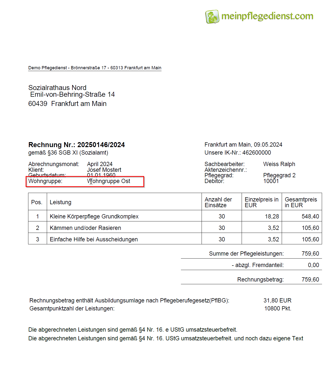 Rechnung mit Wohngruppe