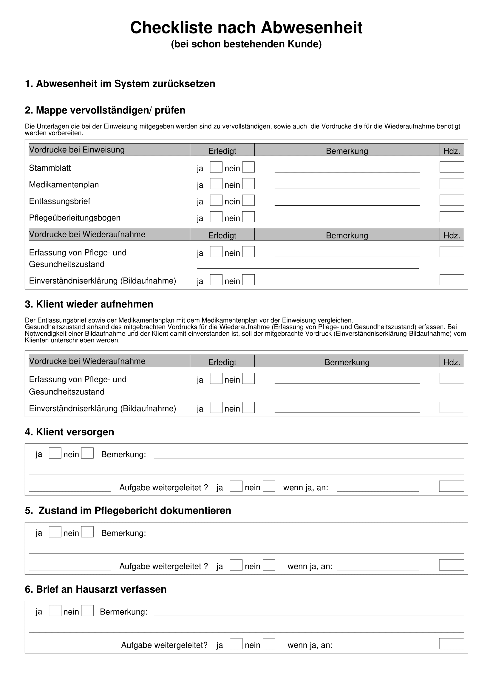 Checkliste nach Abwesenheit