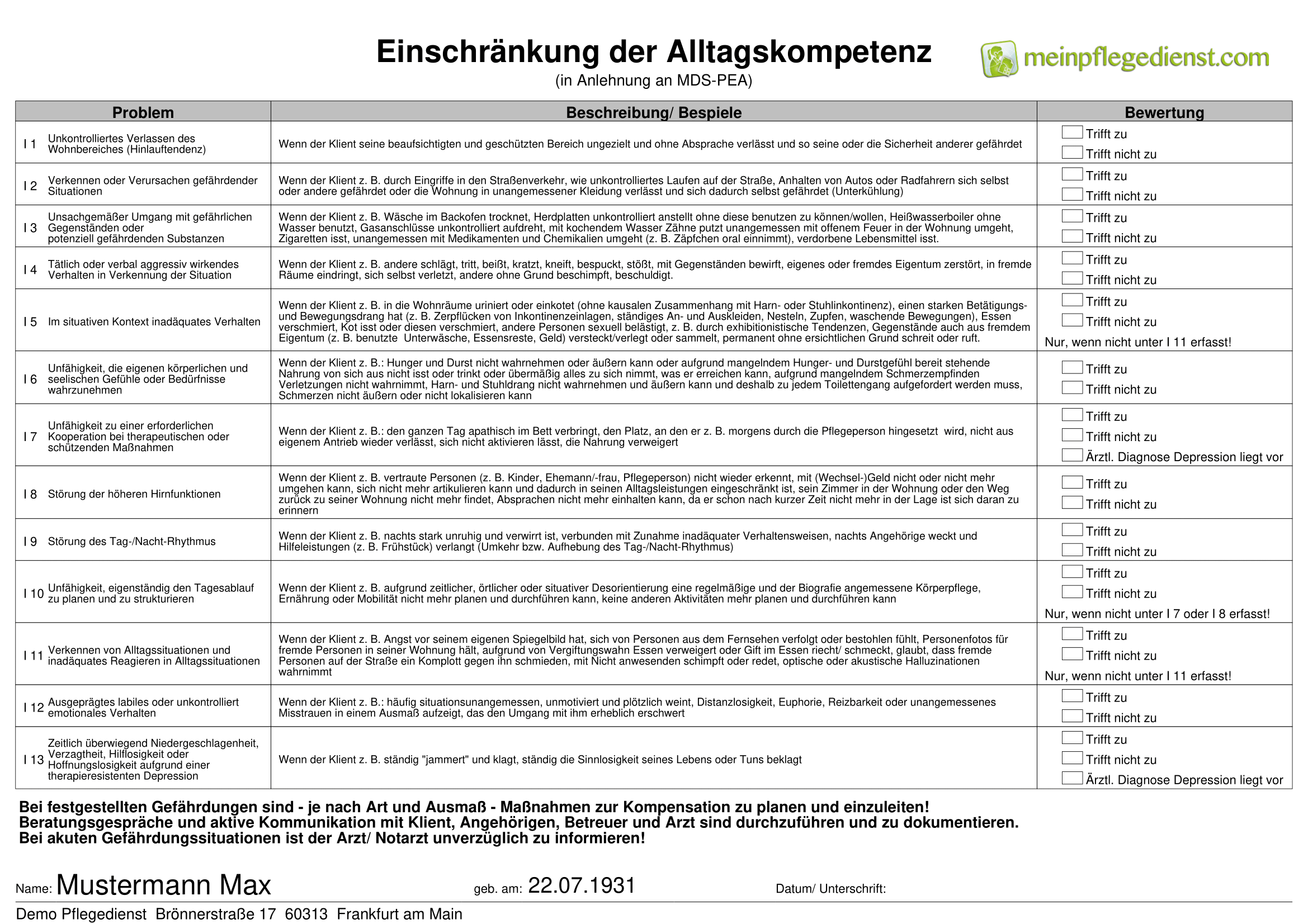 Einschränkung der Alltagskompetenz