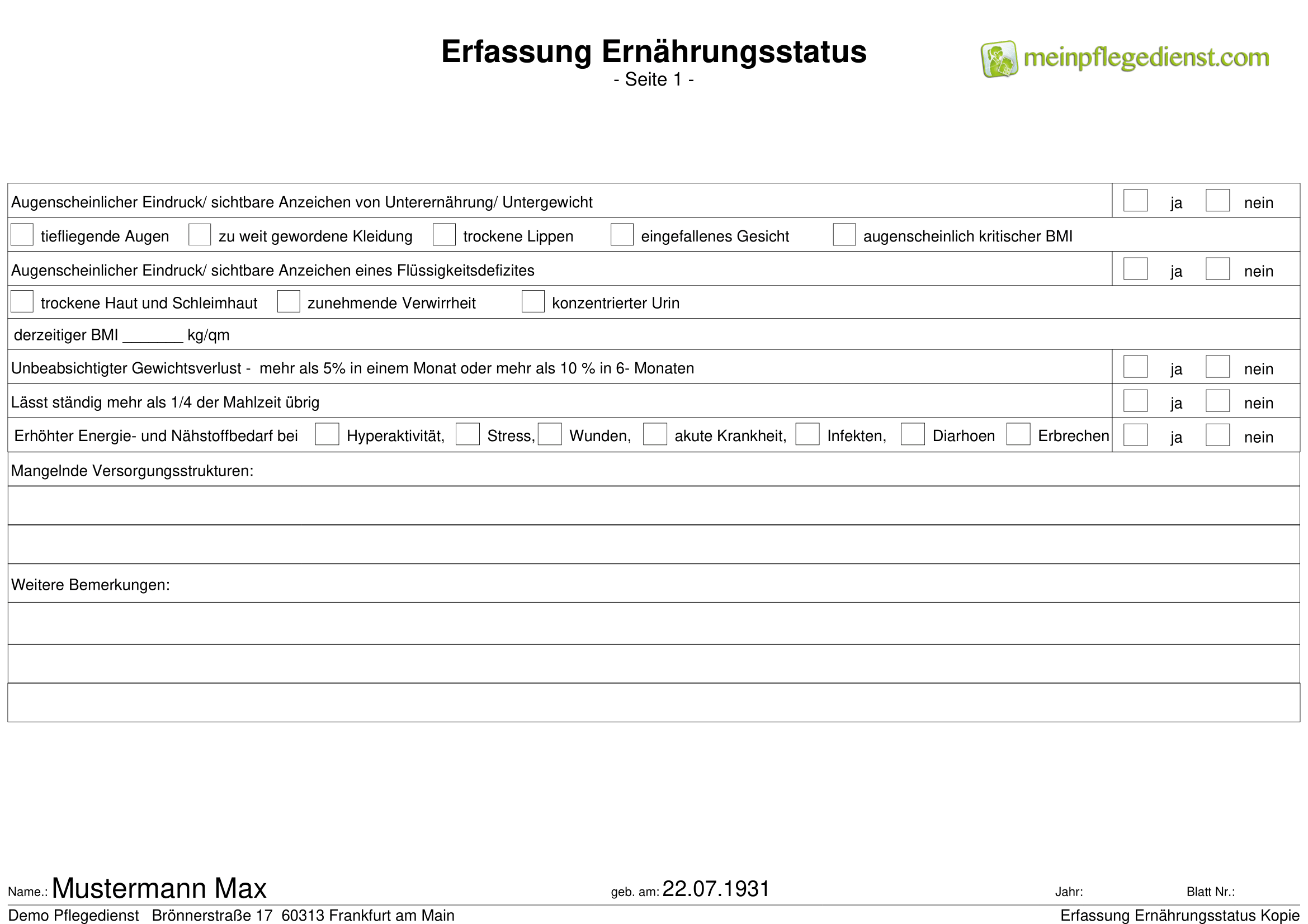 Erfassung Ernährungsstatus