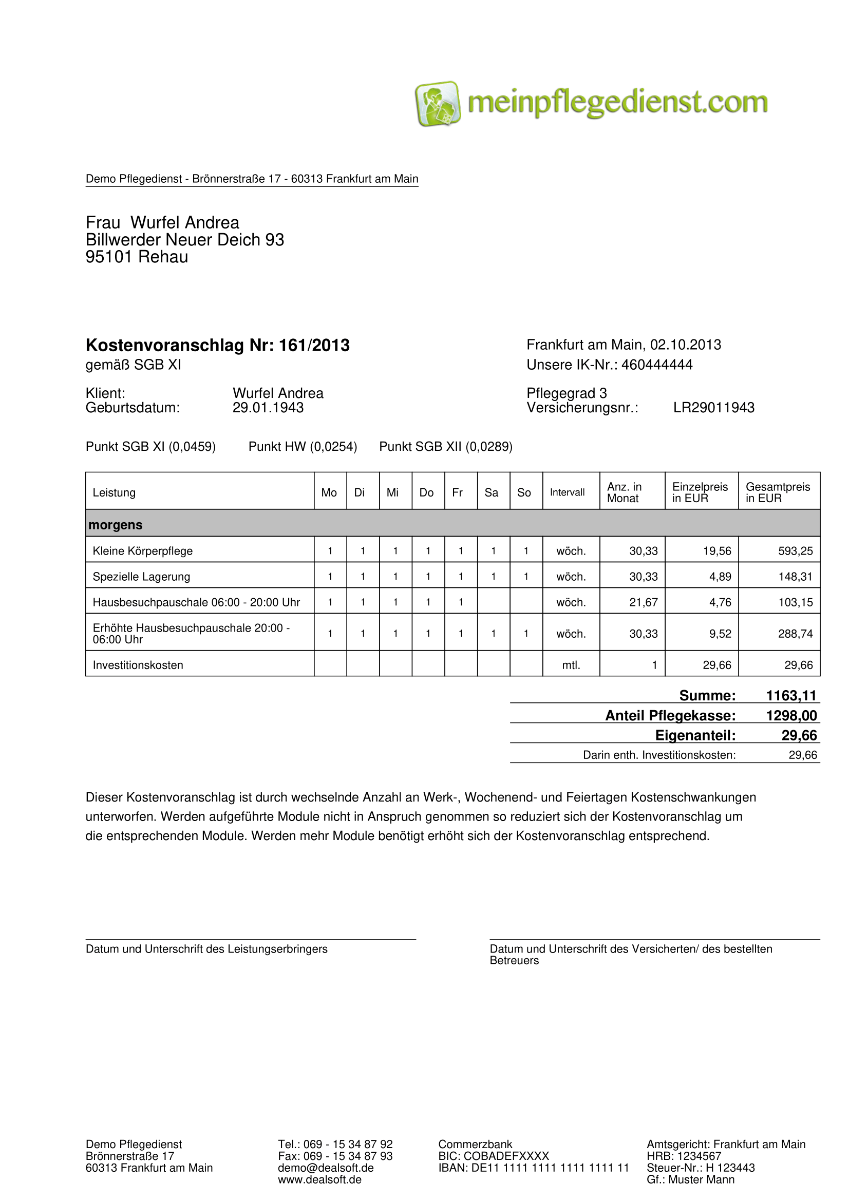 Kostenvoranschlag mit Besuchen