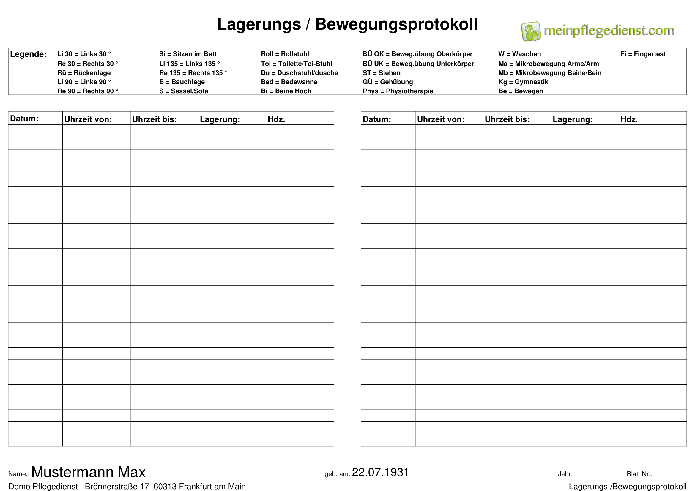 Lagerungs Bewegungsprotokoll
