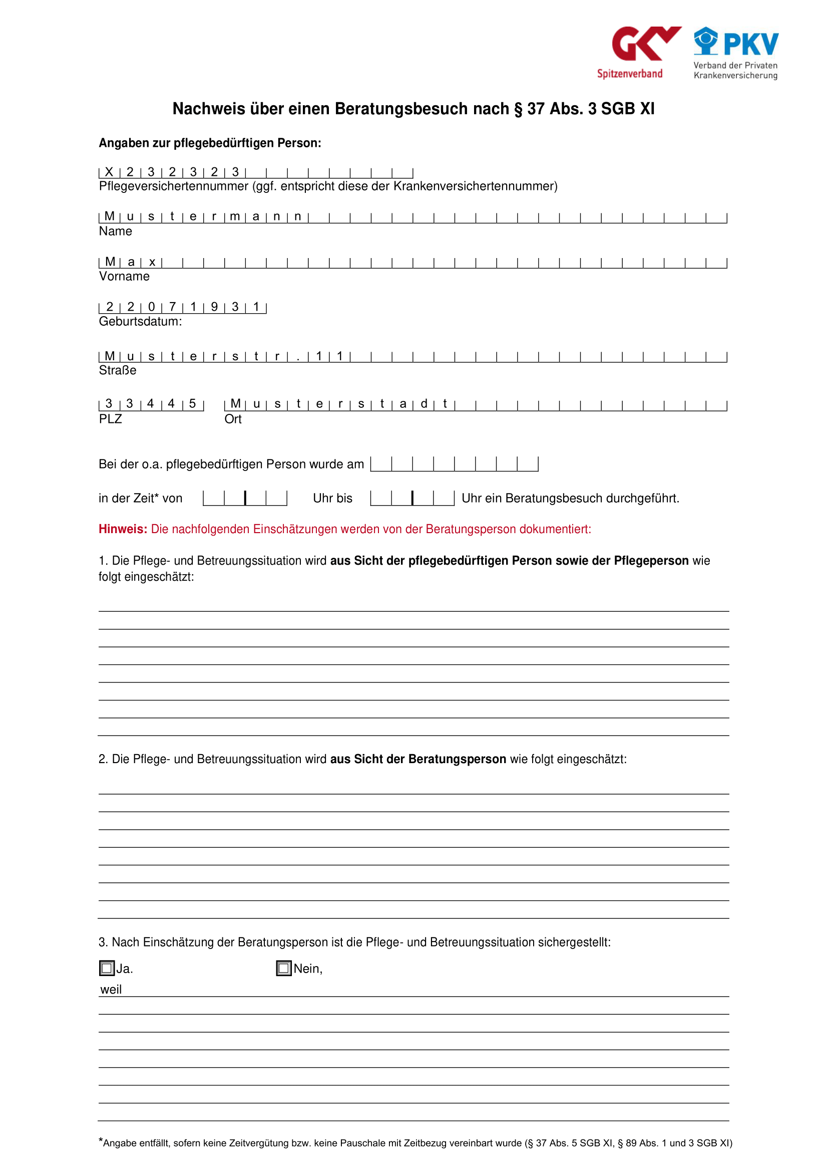 Nachweis über einen Beratungsbesuch nach § 37 Abs. 3 SGB XI