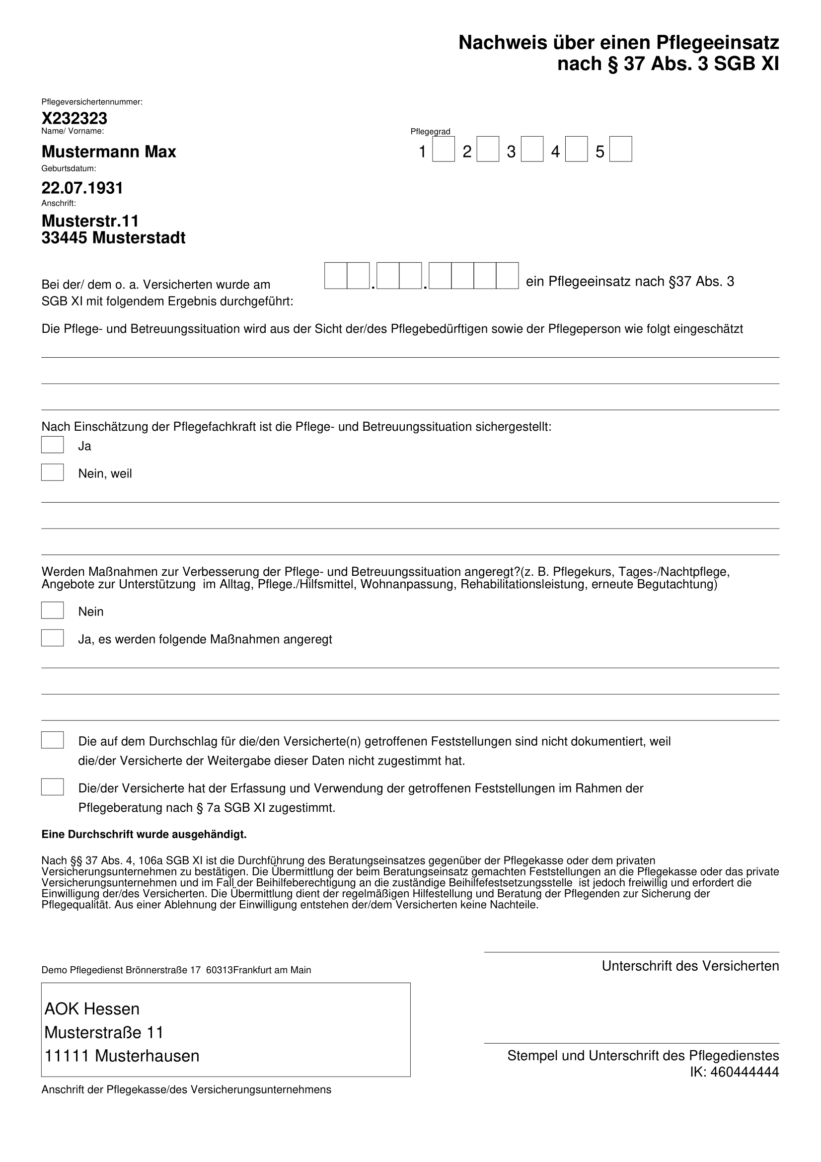 Nachweis über einen Pflegeeinsatz