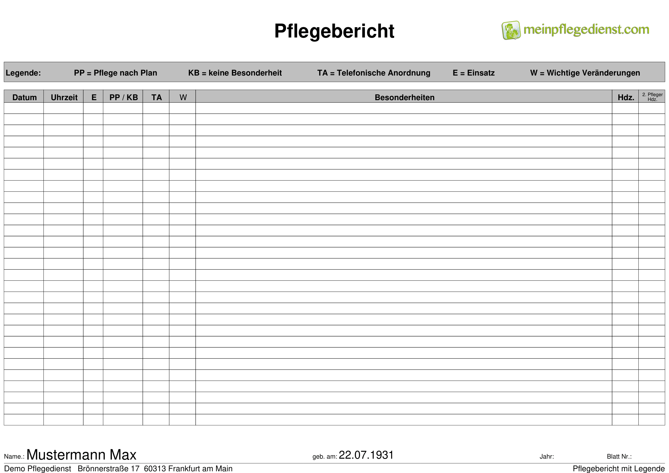 Pflegebericht mit Legende