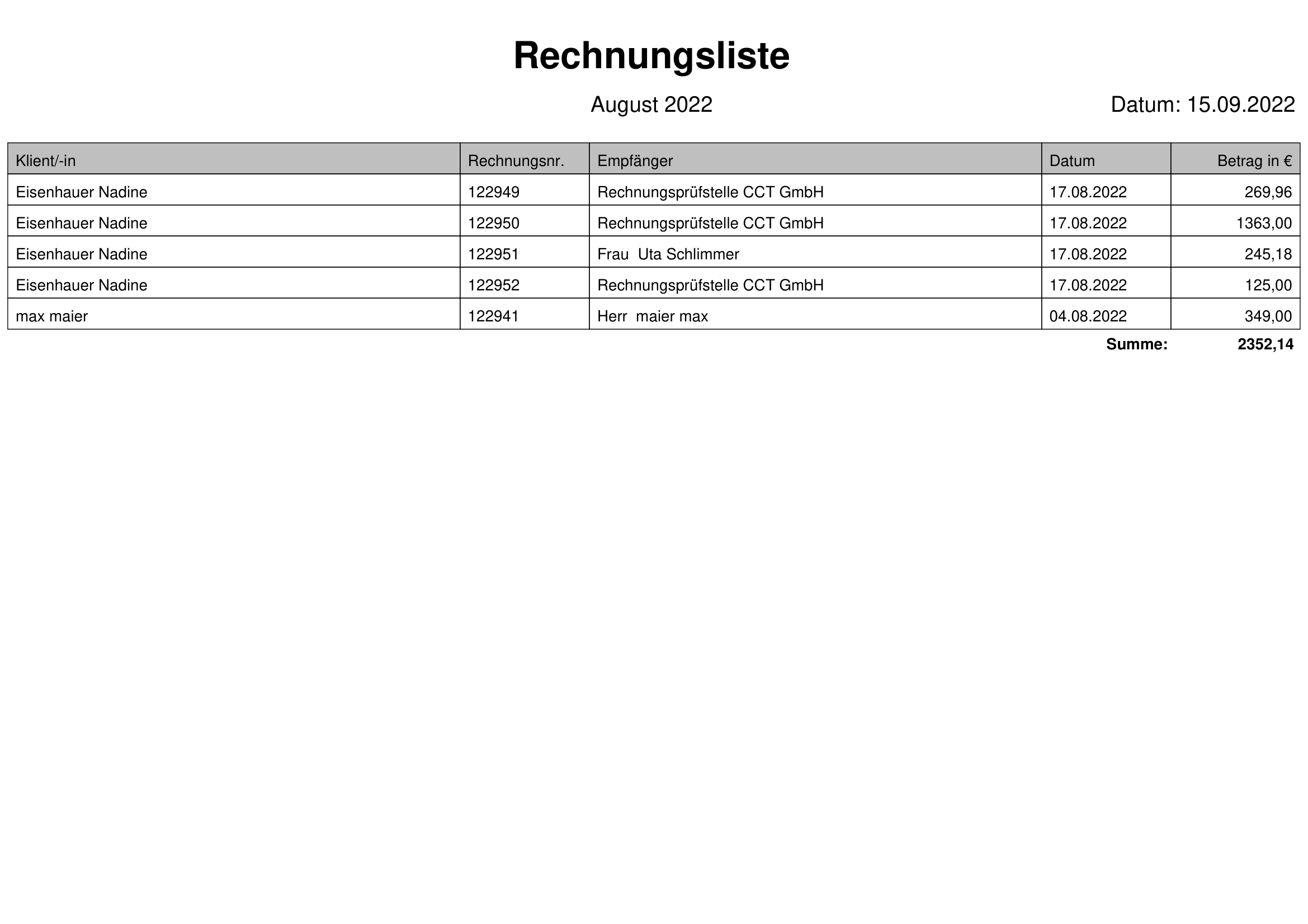 Rechnungsliste für manuelle Buchungen