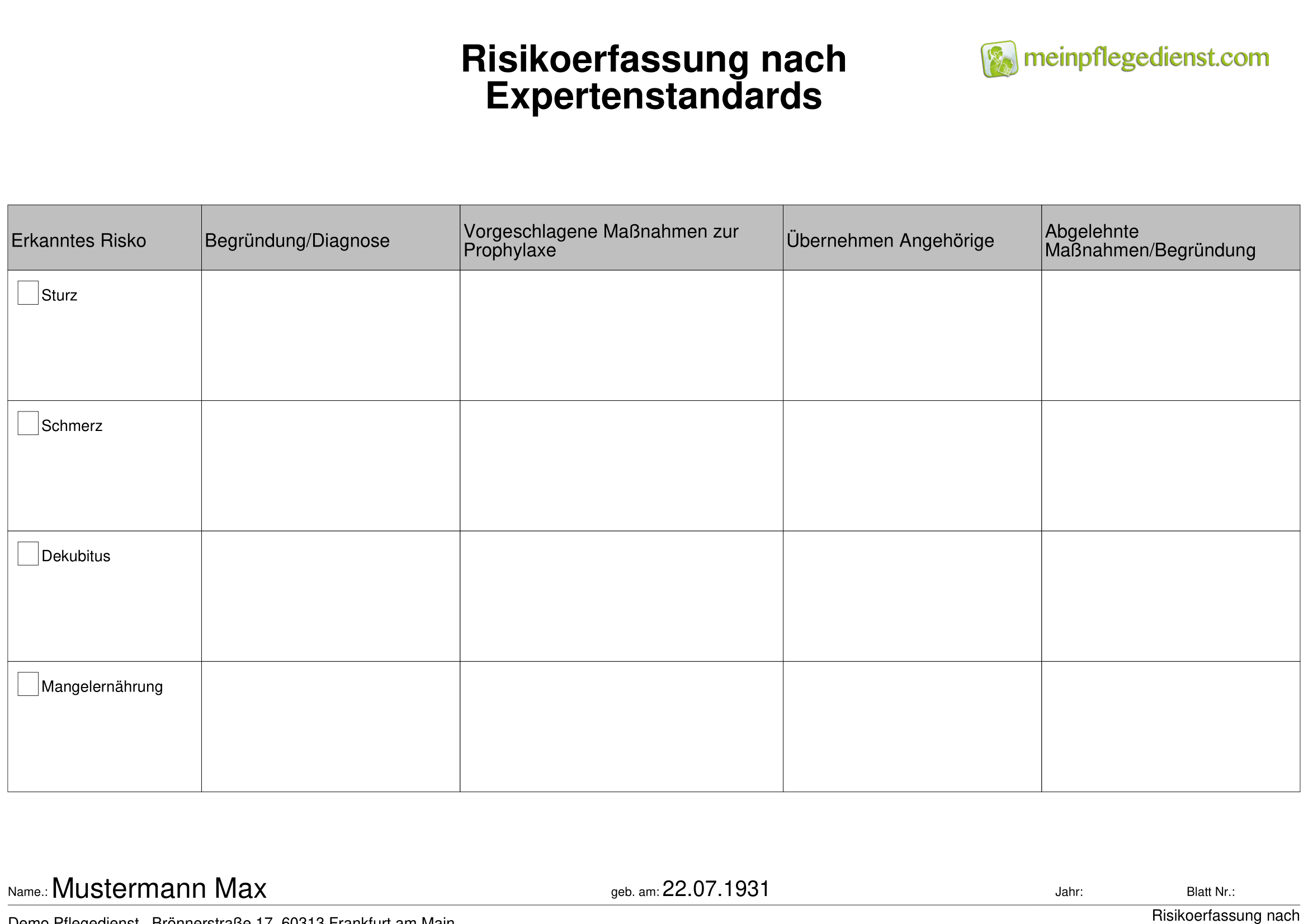 Risikoerfassung nach Expertenstandards