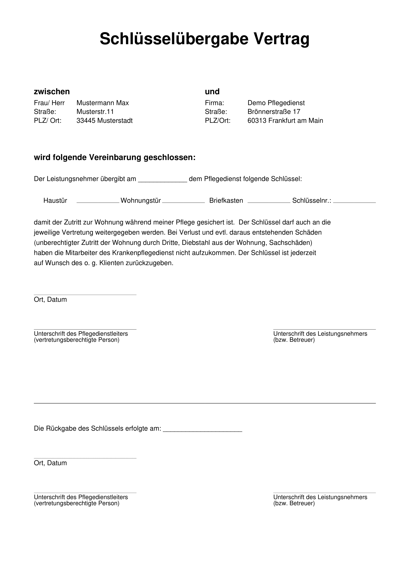 Schlüsselübergabe Vertrag