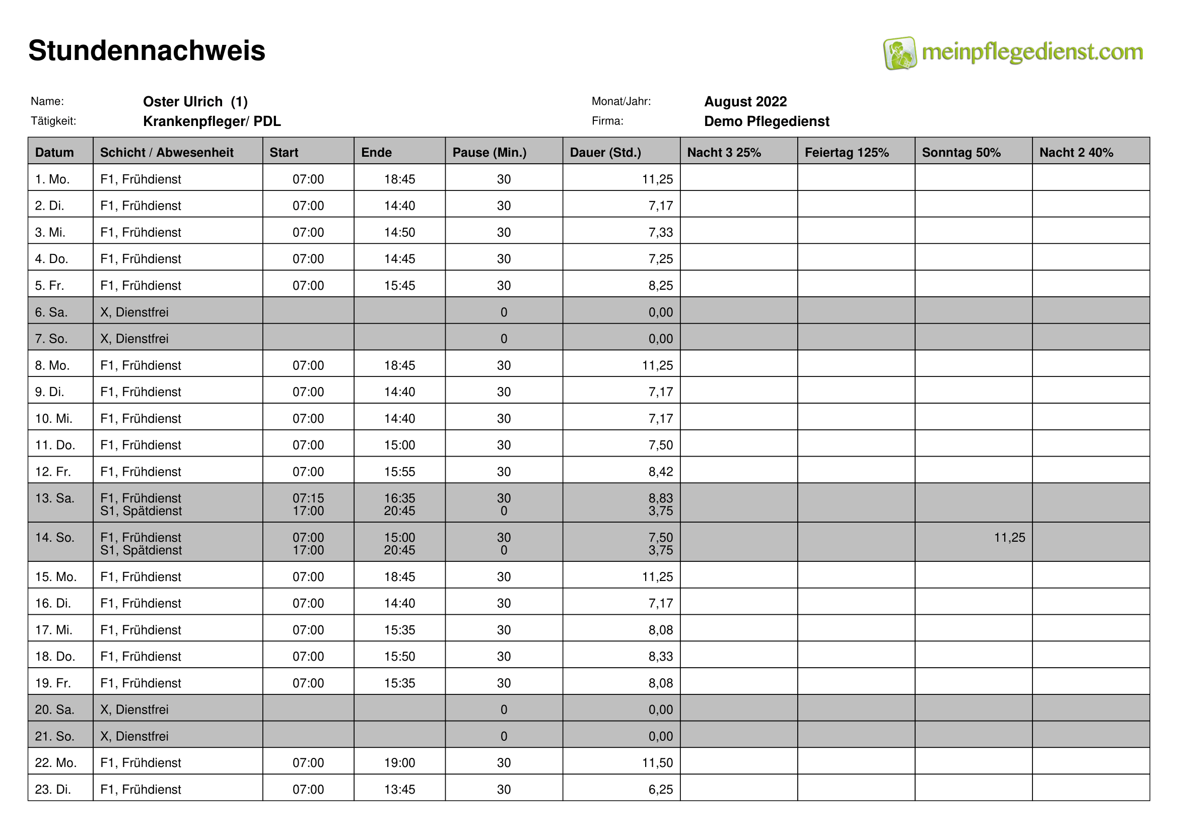 Stundennachweis Dienstplan Zuschlag